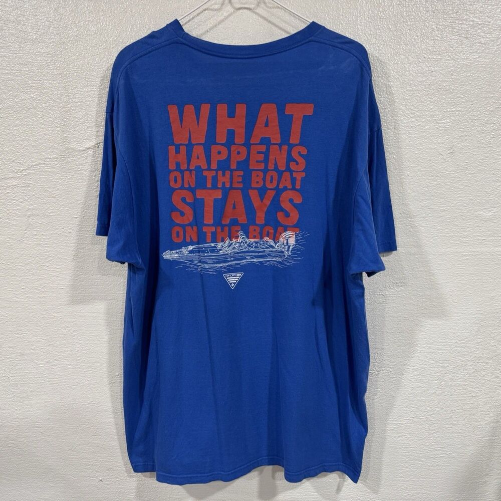 Columbia PFG Performance Fishing Gear T-Shirt Blue What Happens on the Boat 2X
